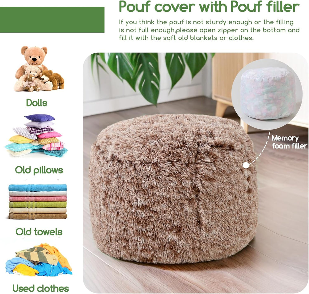 HIGOGOGO Round Stuffed Pouf Ottoman, Long Faux Fur Poufs with Foam Chunk Fill...