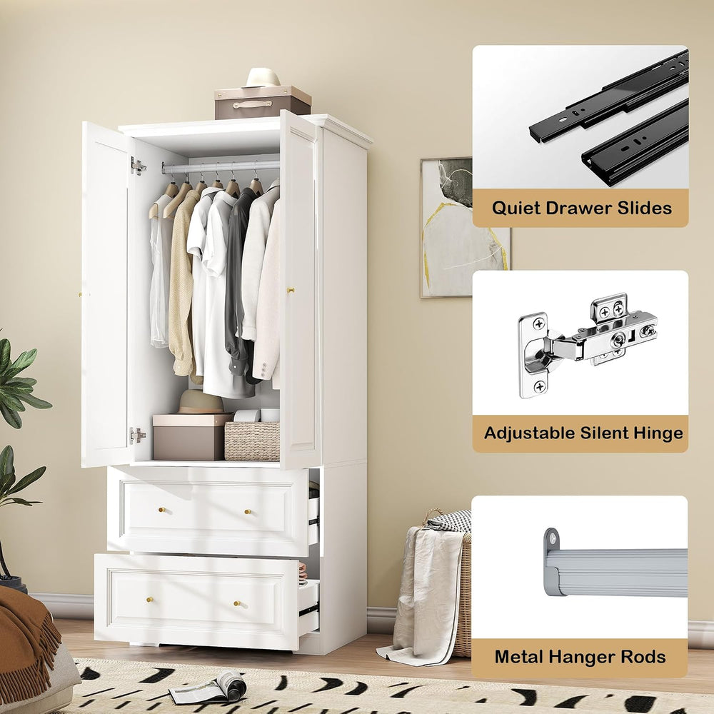 Bedroom Armoires Wardrobe Closet with 2 Doors: 74" White Wardrobe Cabine...