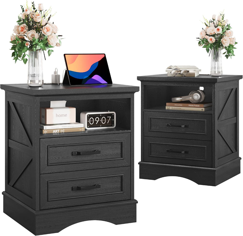 Fluest 24" Tall Farmhouse Nightstands Set of 2, Night Stands with Fast C...