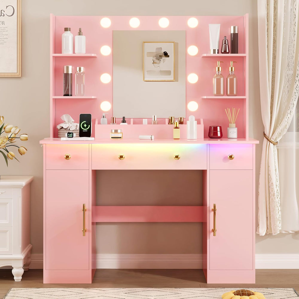 HUANLEGO Vanity Desk with Mirror and Lights, Makeup Vanity with Mirror and LE...
