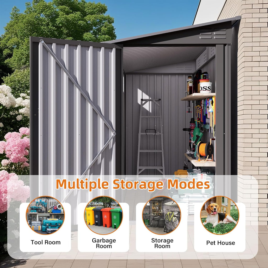 4x9 FT Lean to Shed with Windows, Metal Sheds & Outdoor Storage with 6 Vents and 1 Side Open Door, Outdoor Storage Shed Waterproof for Backyard, Garden, Patio, Gray