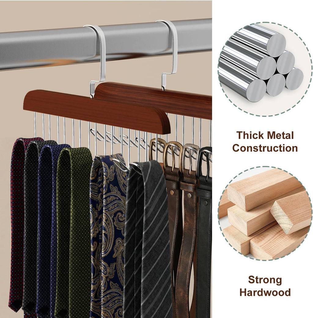4 Pack Belt Hanger for Closet, Wooden Tie Rack Hangers for Men with 8 Hooks, Space Saving Belt Organizer, Closet Storage for Ties, Belts, Bras, Scarves, Tank Tops