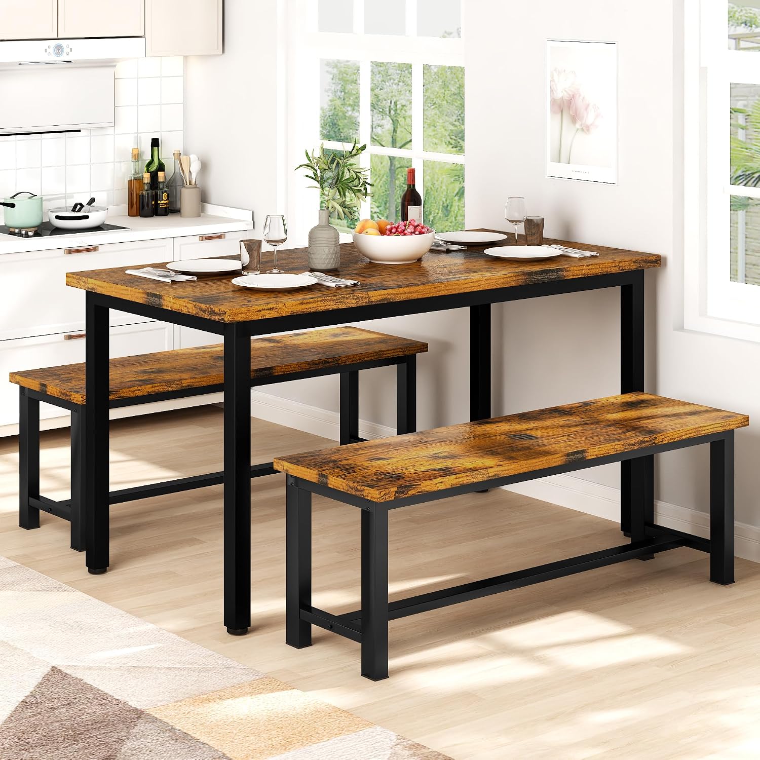 AWQM Table Bench, Pair of 2, Dining Bench, Thickened Steel Frame, Wood Bench, Industrial Style, for Kitchen and Dining Room, 12''Dx38.5''Wx17''H, Rustic Brown