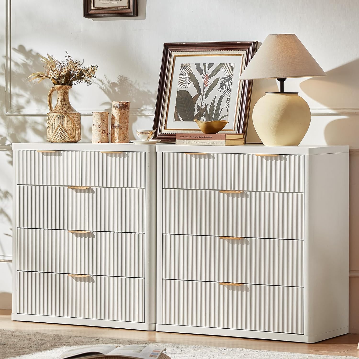 LEYAOYAO Fluted 5 Drawers Dresser for Bedroom, 34" Tall Modern Chest of Drawers with Metal Handle, Curved Profile Design,White Wood Drawer Organizer for Bedroom, Living Room, Hallway, Entryway