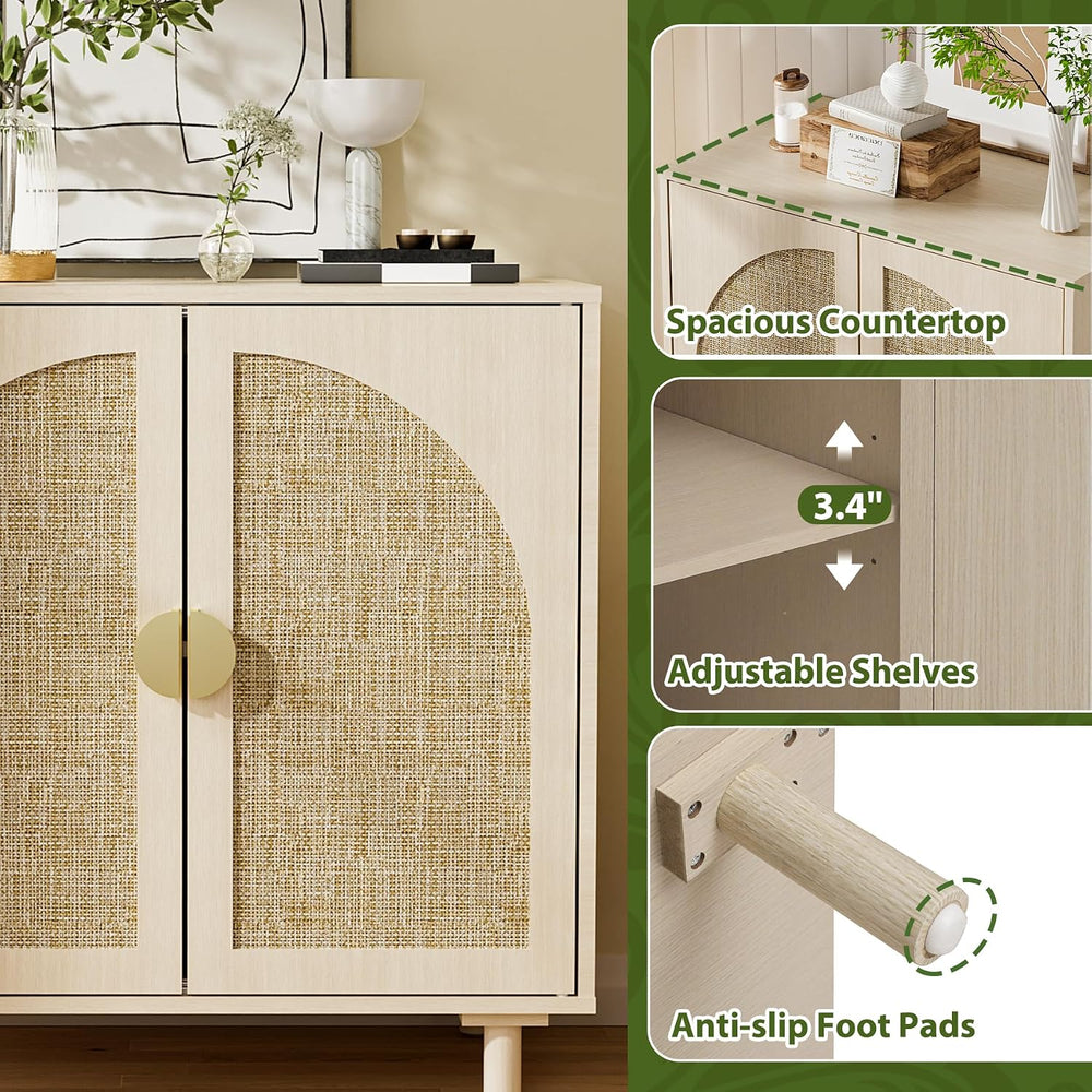 Rattan Sideboard Buffet Cabinet, Wood Storage Credenza Cabinet with Doors and...