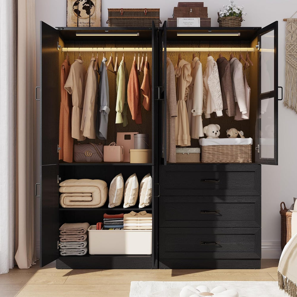 75" Tall Farmhouse 4 Doors Armoire Wardrobe Closet with 3 Drawers and LE...
