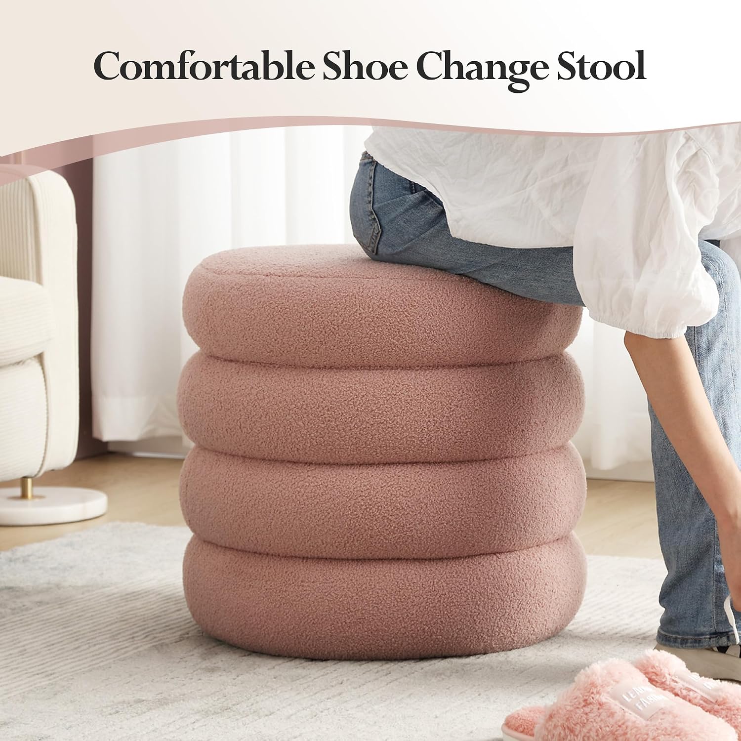 20.1 Inch Round Storage Ottoman, Modern Sherpa Ottoman Coffee Table with Removable Top, Pink Vanity Stool with Storage for Bedroom, Living Room, Dorm, Set of 1