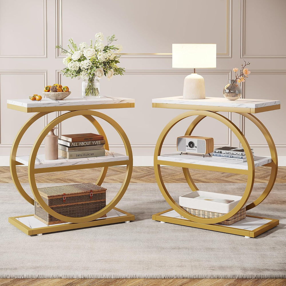 Tribesigns End Table with Storage Shelves Pack of 2, 3-Tier Wooden Industrial...