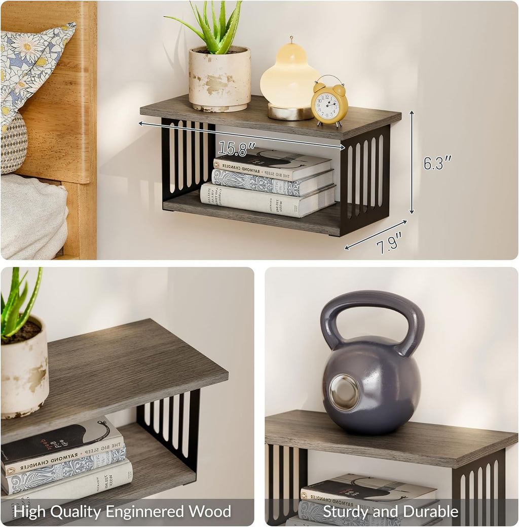 Floating Nightstand Set of 2, 2-Tier Floating Shelves Wall Mounted,Floating Bedside Table Wall Shelf,Display Wall Shelves for Bedroom,Living Room, Bathroom, Kitchen, Grey