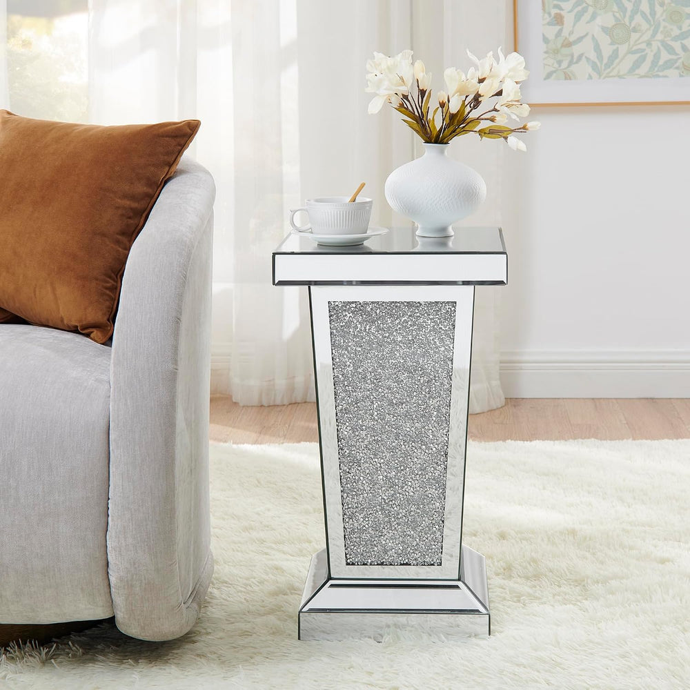 Silver Mirrored End Table with Crystal, Modern Side Accent Table, Square Smal...