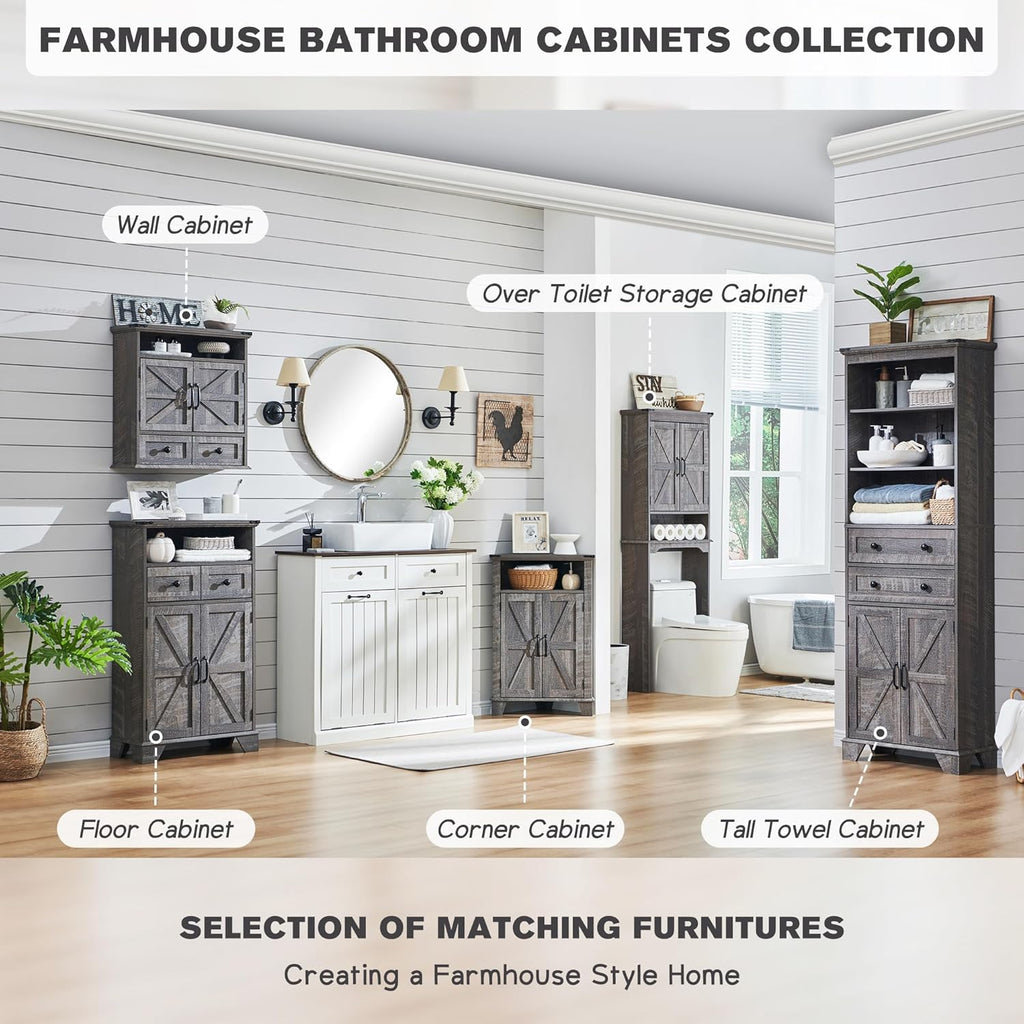 ACCOHOHO Bathroom Wall Cabinet, Farmhouse Medicine Cabinet, 24" Wide Cabinet with Drawer, Adjustable Shelf, Double Barn Doors, Storage Cabinet for Bathroom, Kitchen, Living Room, Grey Wash