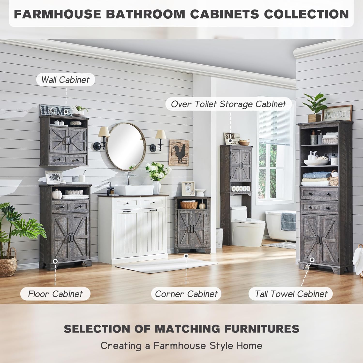 ACCOHOHO Bathroom Wall Cabinet, Farmhouse Medicine Cabinet, 24" Wide Cabinet with Drawer, Adjustable Shelf, Double Barn Doors, Storage Cabinet for Bathroom, Kitchen, Living Room, Grey Wash