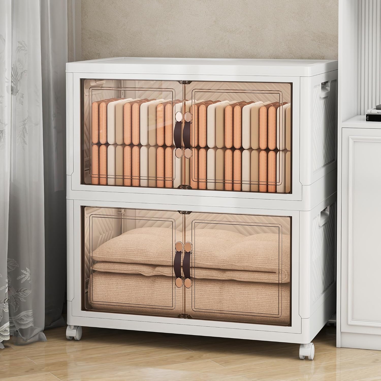 Storage Bins with Lids and Wheels, Collapsible Bathroom Storage Cabinet with Clear Doors, Plastic Stackable Closet Organizers and Storage Containers White 314 QT