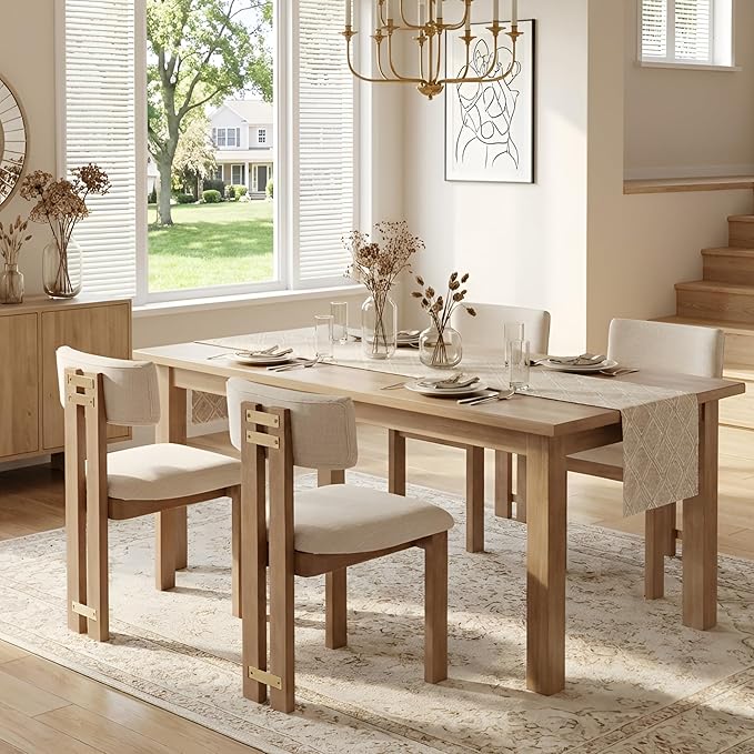 HNY Modern Farmhouse Linen Dining Chairs Set of 4, Beige Fabric Upholstered Dining Room Kitchen Chairs with Natural Wood Frame & Curved-Back, Armless Accent Wood Chairs for Dining Room Living Room