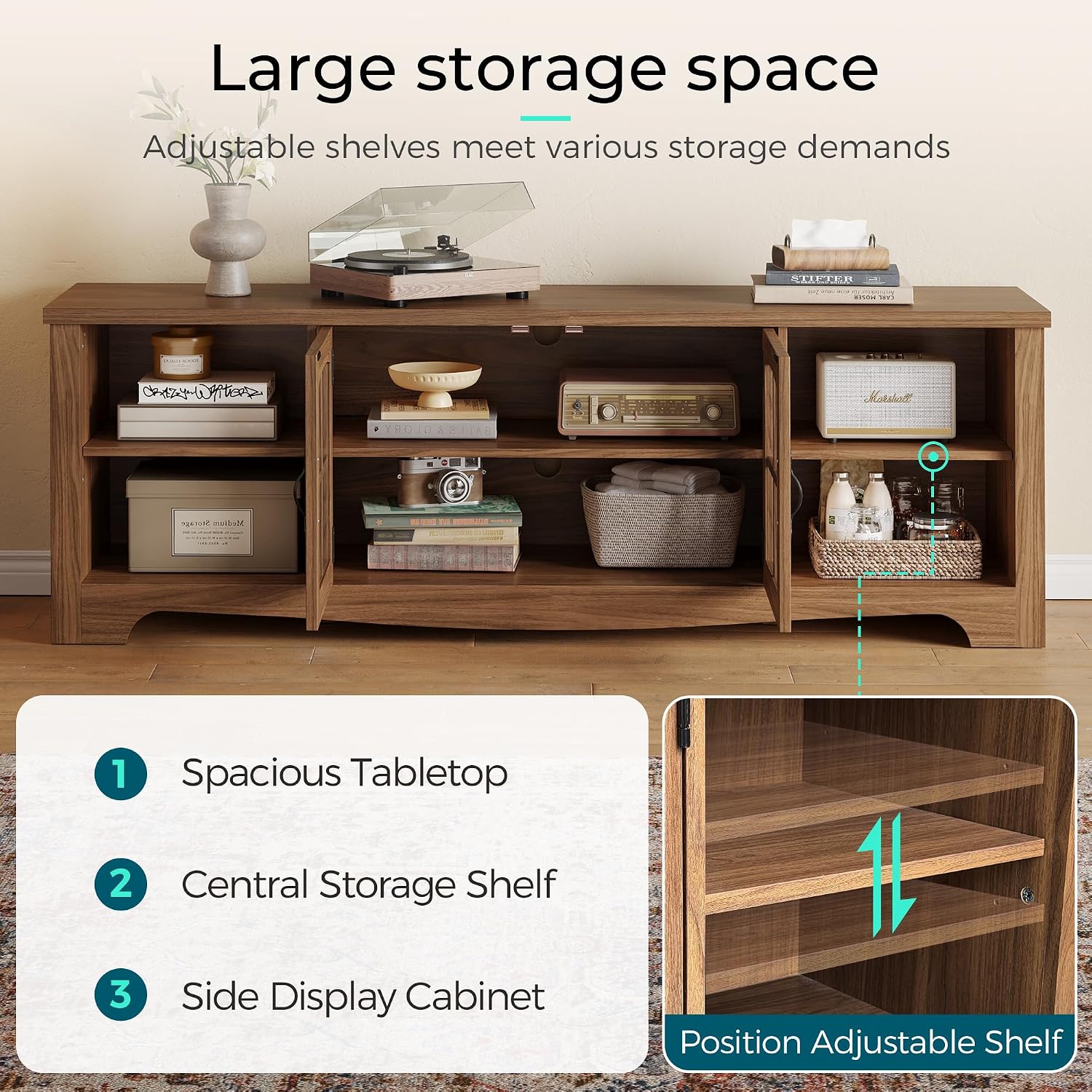 LINSY Home TV Stand for 75 Inch TV, Modern Farmhouse Entertainment Center with Storage Cabinets and Glass Doors, Tall Media Console Table for Living Room, Bedroom, Large Long Television Stand, Walnut