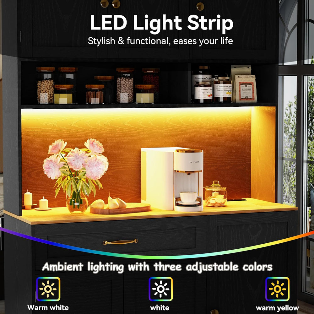 FJTJBSI 72" Kitchen Pantry Cabinet with LED Light and Charging Station T...