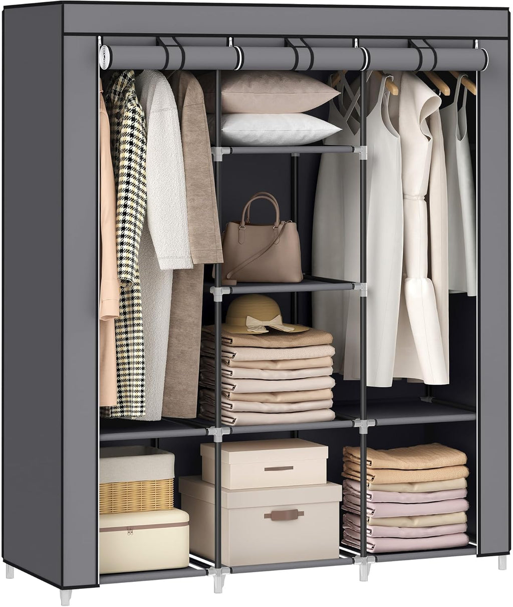SONGMICS Portable Closet, 51.2 Inch Large Capacity Wardrobe Closet Organizer with Fabric Cover, Hanging Rods and Shelves, 51.2 x 17.7 x 66.1 Inches, for Bedroom, Living Room, Dove Grey URYG096G01