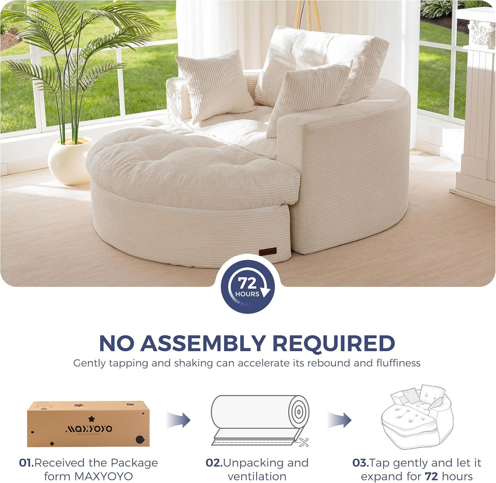 MAXYOYO Oversized Round Chaise Lounge Sofa, Floor Chair with Ottoman | Beige ...