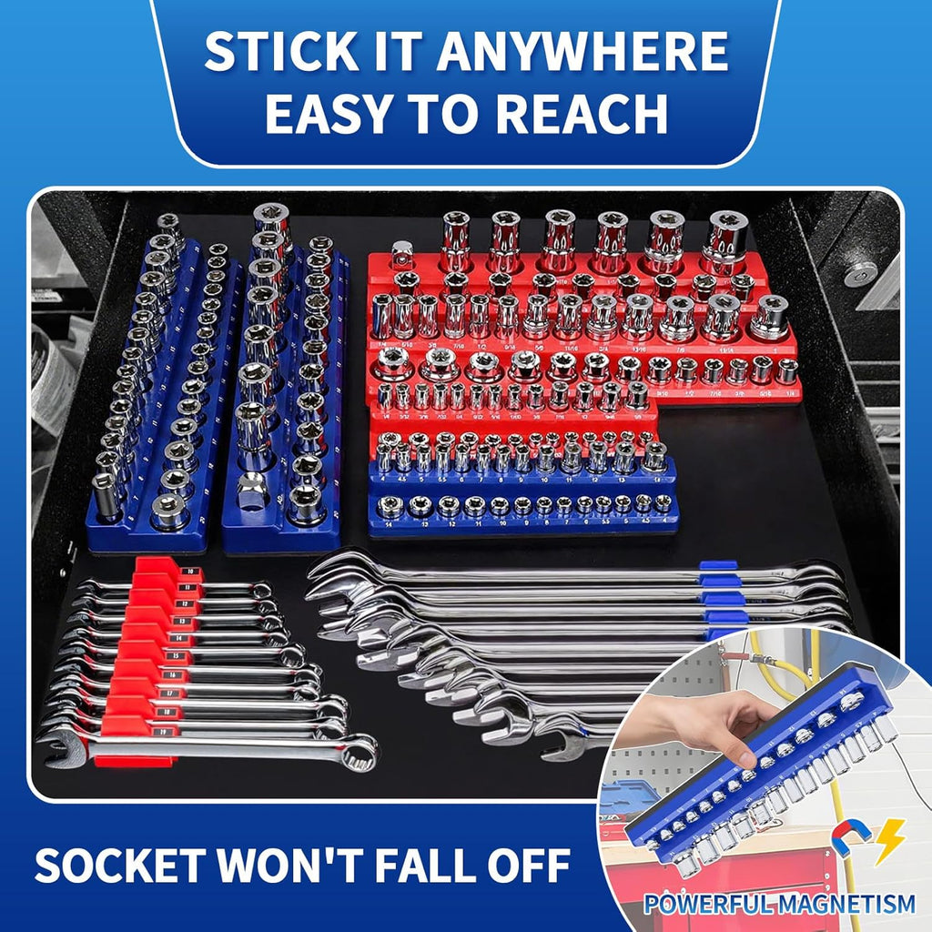 8PS Magnetic Wrench and Socket Organizer Set, Tool Trays 1/4", 3/8", 1/2" Tool Box Organizer, Metric Holder(Socket, Wrench not Included)