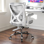 Ergonomic Office Chair-Computer PU Leather X-Shaped Desk Chair-Gaming Chair with Adjustable Flip-up Armrests Lumbar Support Mesh Executive Chair for Long Hours Office (White-Grey)