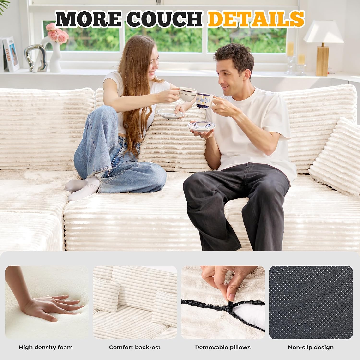 113" Modular Sectional Sofa, Convertible L-Shaped Cloud Couches for Living Room with Ottoman, 4 Seater Corduroy Boneless Couch Sofa Set, No Assembly Required, Beige 1 PCS
