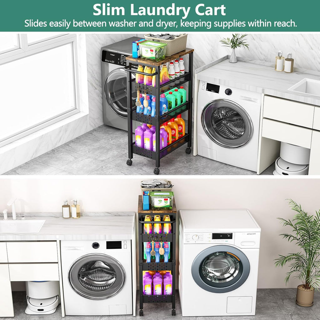 Utility Slim Storage Cart with Wheels, 4-Tier Narrow Rolling Organizer Shelf with Wood Top, Metal Storage Rack and Space-Saving Organizer for Bathroom, Kitchen, Laundry Room, Small Spaces