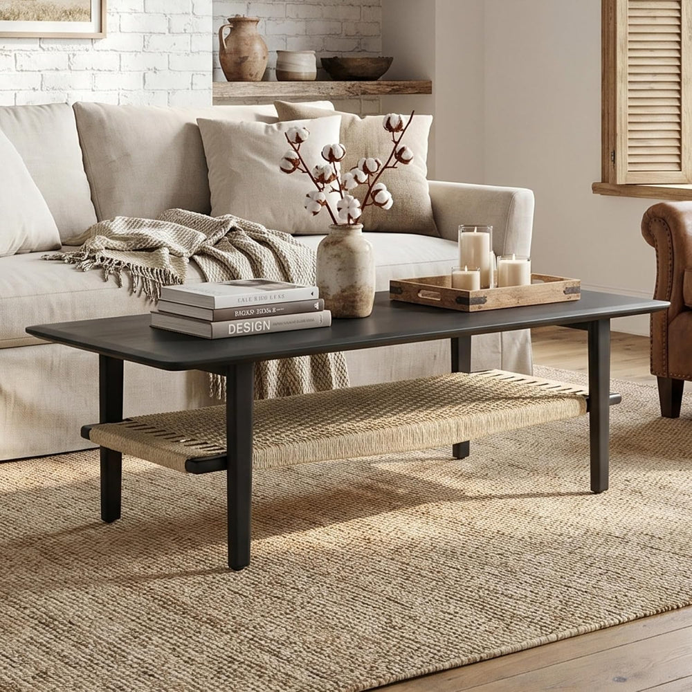 chairus Farmhouse Coffee Table Rectangular Living Room Table with Rattan Stor...