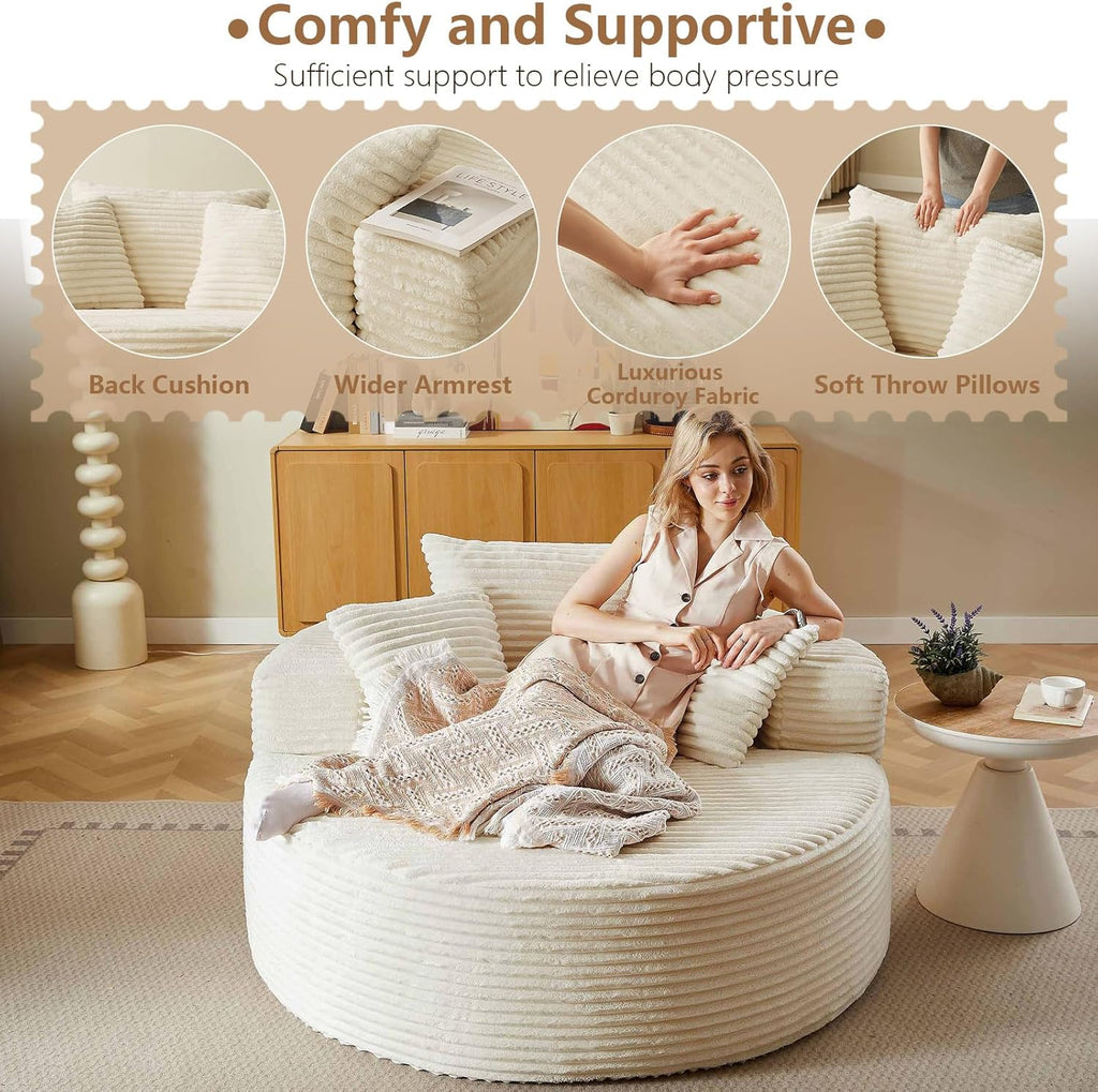 Lakifun Oversized Round Chair Lounge Chaise Indoor, Upholstered Corduroy Deep Seat Cloud Large Circle Sofa Chair, No Assembly Required, Fluffy Modern Sleeper Sofa Bed for Reading, Light White
