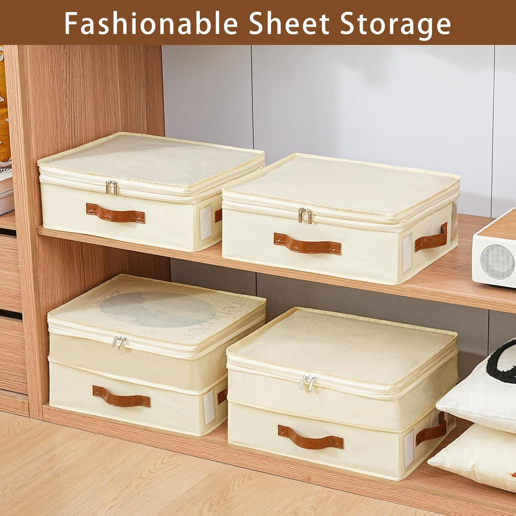 Bed Sheet Organizers and Storage, 4 Pack Linen Closet Organizers with Adjustable Zipper, Foldable Bedding Storage for Queen or King Size Bedsheets, Duvet Covers and Pillows