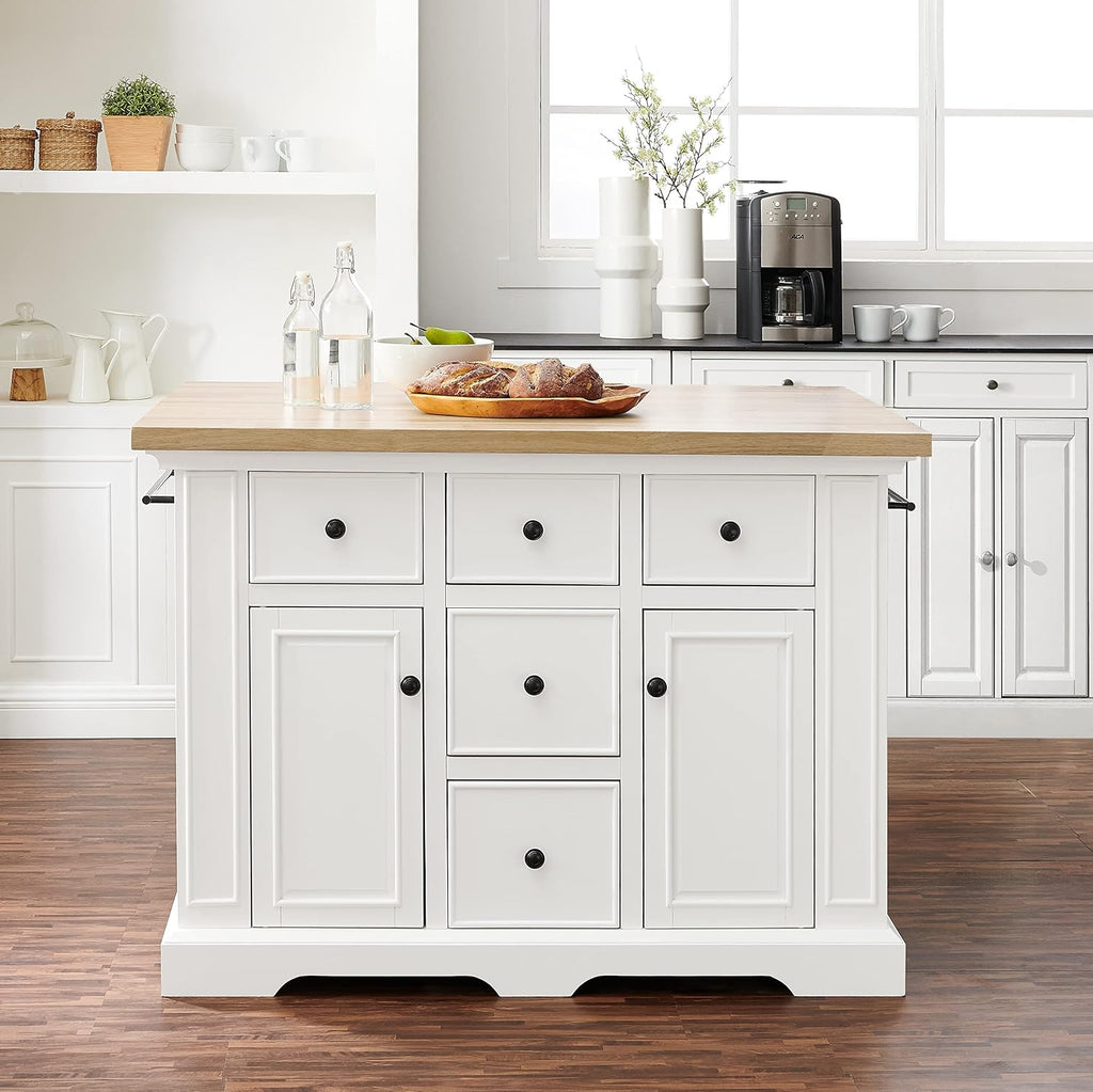 Crosley Furniture Julia Wood Top Kitchen Island with Storage Drawers, Shelves, and Spice Rack, White