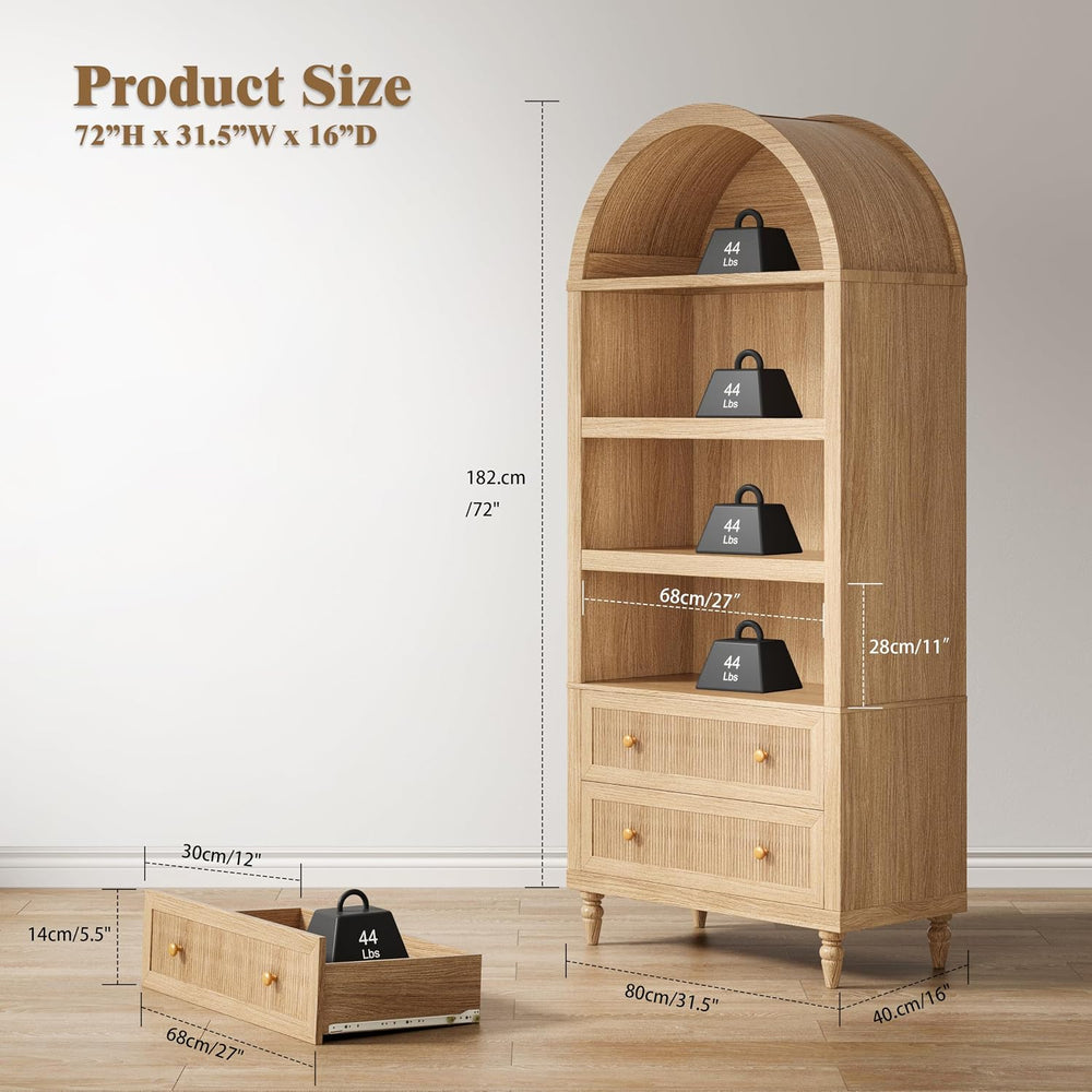INNOD 72" Tall Arched Bookshelf, 6 Tiers Arch Bookcase with Drawer, Farm...