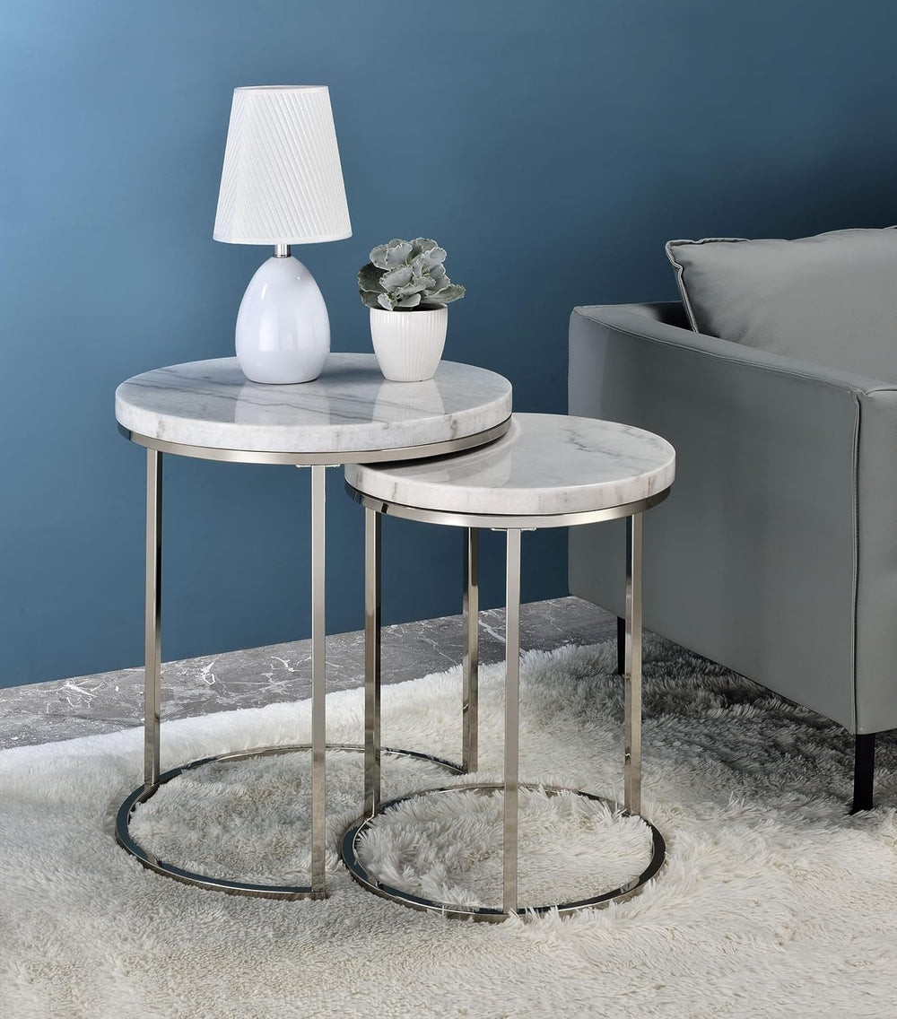 Acme Zaidee 20" Nesting Table in White and Nickel (Set of 2)