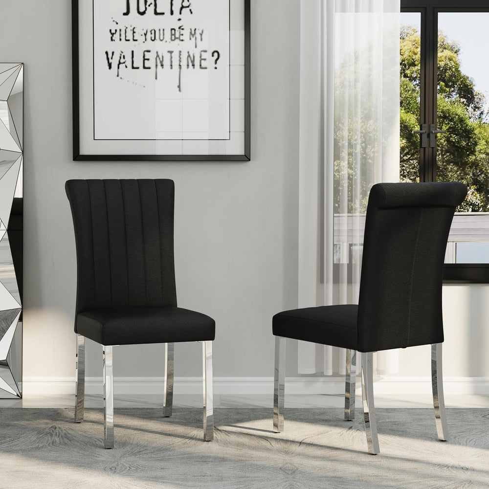 Asday Black and Silver Dining Chairs Set of 2, Modern Faux Leather Upholstere...