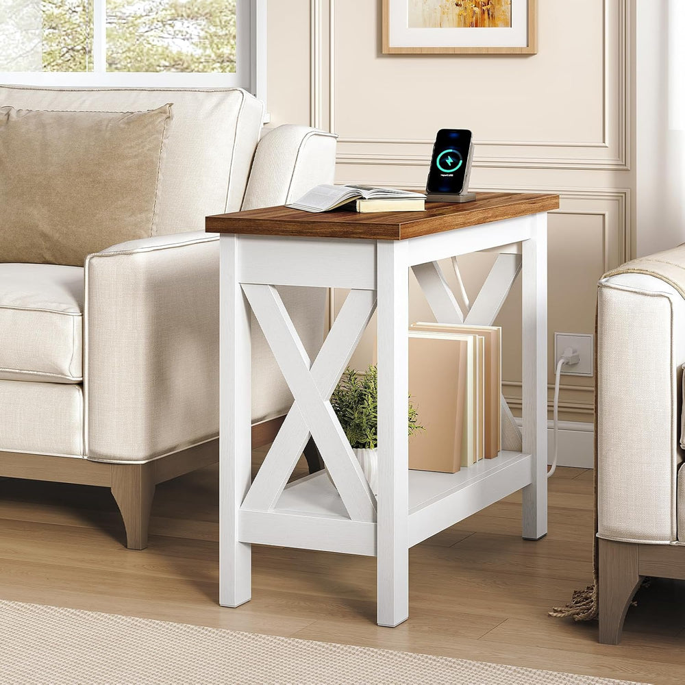 HOOBRO End Table with Charging Station, Farmhouse Narrow Side Table, 2-Tier w...
