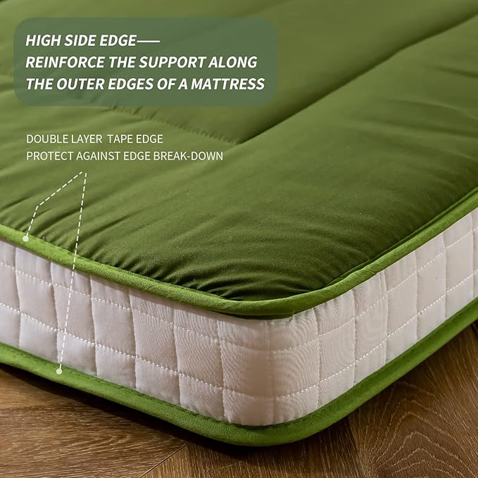 MAXYOYO Futon Mattress, Padded Japanese Floor Mattress Quilted Bed Mattress Topper, Extra Thick Folding Sleeping Pad Breathable Floor Lounger Guest Bed for Camping Couch, Green, Full