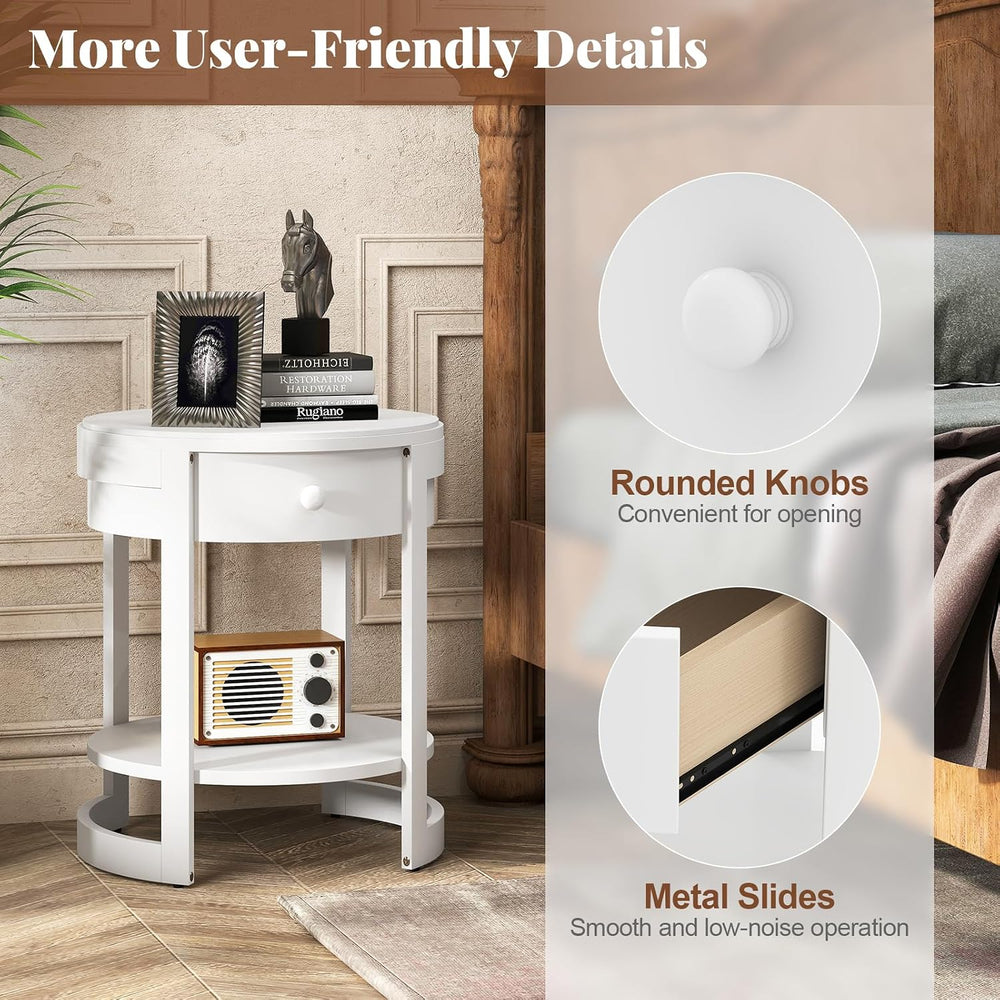 GOFLAME Round Side Table with Drawer, Retro 2-Tier Nightstand with Shelf &amp...