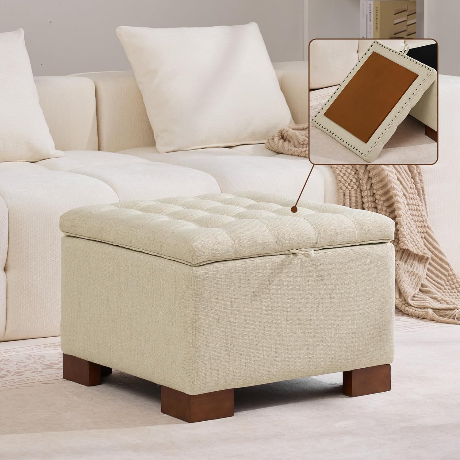 WUTUTUEE 24" Fabric Square Storage Ottoman with Wooden Tray, Modern Tufted Button Footstool Coffee Table, Upholstered Small Ottoman for Living Room, Bedroom, Khaki