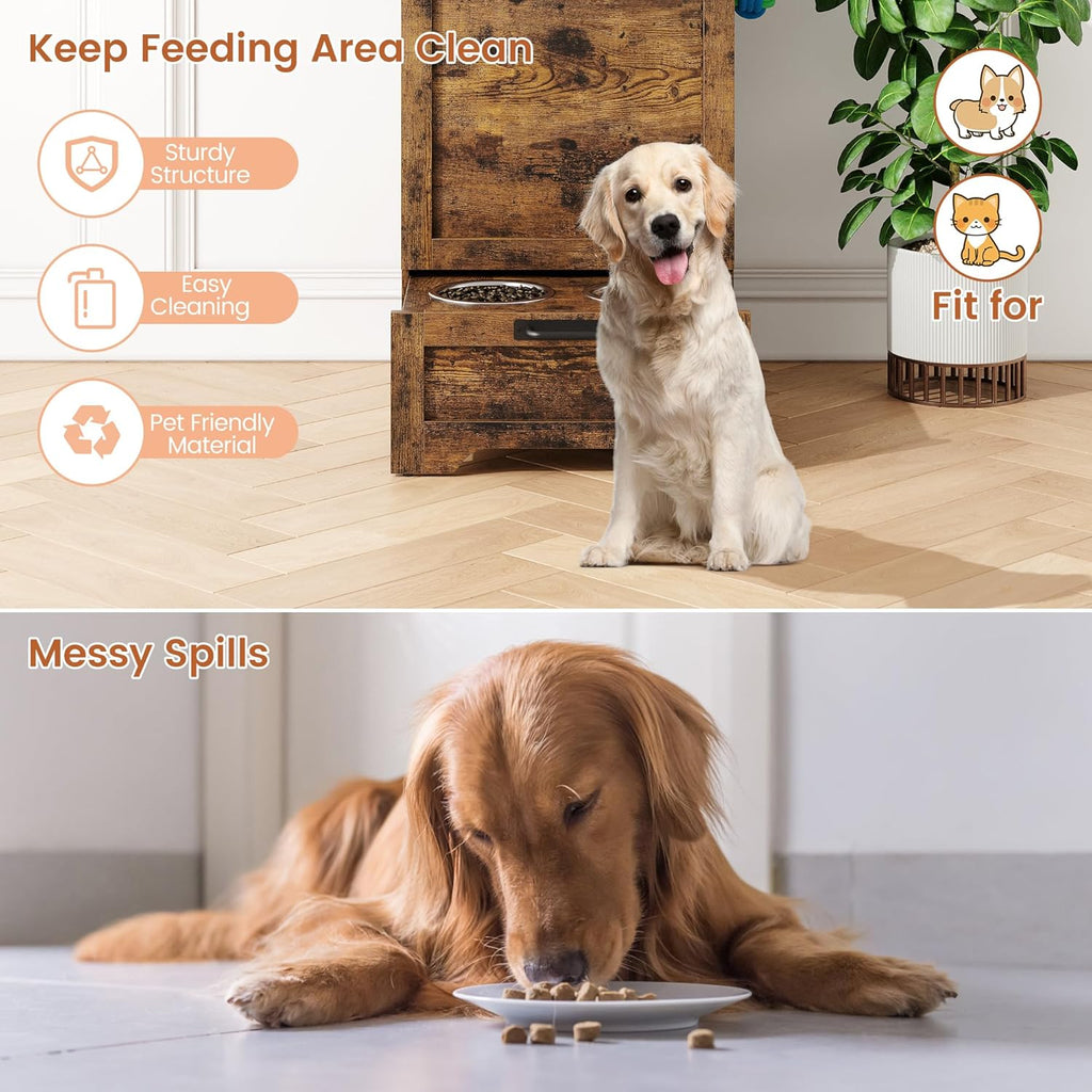 Dog Feeding Station with 2 Elevated Bowls, Pet Feeding Station,Flip Top Dog Food Storage Cabinet, Food Storage Container,Pet Toy Organizer,Modern Organizer,Brown