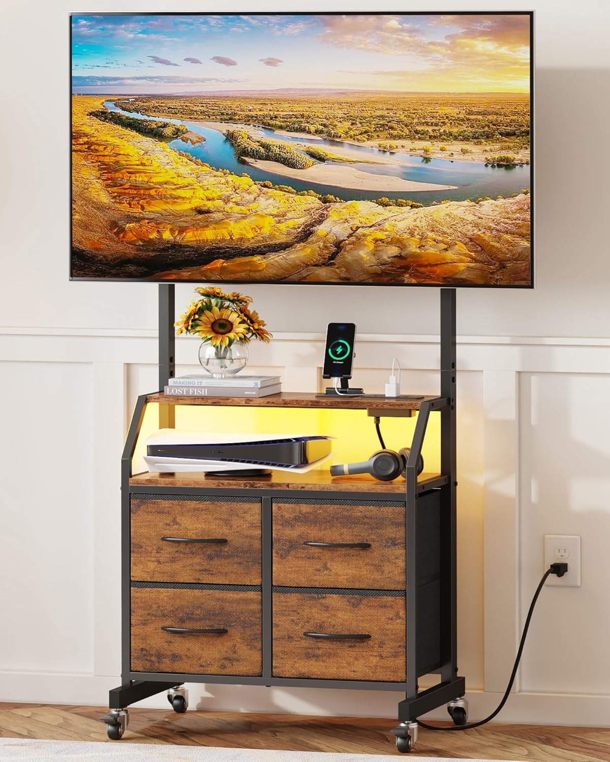 GYIIYUO Rolling TV Stand with Mount & 4 Fabric Drawers for 32-75 inch TVs | Holds up to 145 lbs with lockable rolling wheels, built-in 2 AC outlets and USB charging, great for apartments and bedrooms