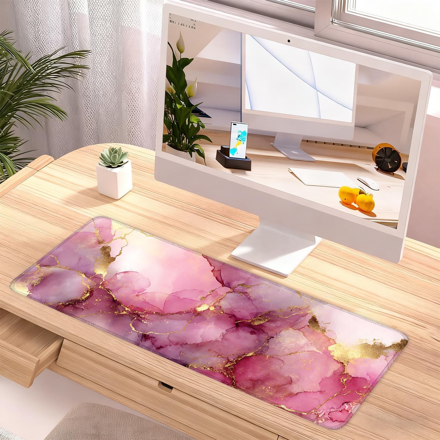 Pink Marble Ink Mouse Pad – Large Extended Desk Mat 31.5 x 11.8 in– Elegant Watercolor Gold Foil Design, Waterproof Surface, Non-Slip Rubber Base, Keyboard & Mouse Pad for Office or Gaming