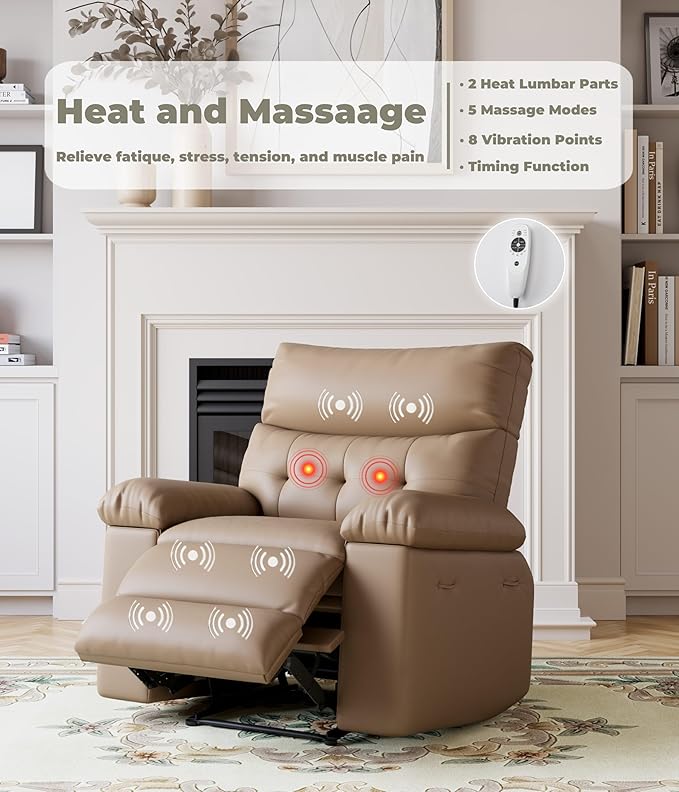GarveeHome Oversized Wide Recliner Chair - Heat and Massage, PU Leather Extra Wide Manual Recliner for Adults, Large Lazy Chair with 1.5X Sponge Comfort Arm and Back for Living Room, Bedroom