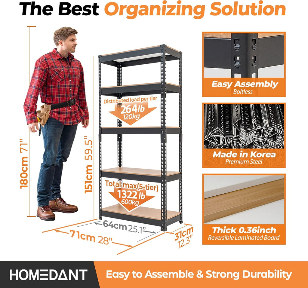 HOMEDANT 5 Tier Storage Shelves Adjustable Laminated Boltless Garage Metal Shelving Unit Heavy Duty Utility Rack Shelf Warehouse Pantry Closet Kitchen (4, (S) 28" W, Black)