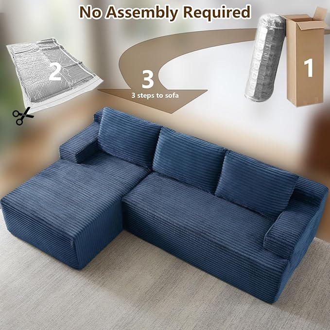 96.1" Modular Sectional Sofa Couches L-Shape Couch 3 Seat Modular Sofa Corduroy Memory Foam Sectional Boneless Couches for Living Room, Cloud Couch with Oversized Chaise(Blue, Left Facing)