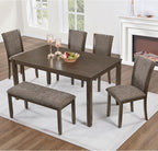 KEIKI 6-Piece Standard Height Dining Table Set with Rectangular Table, 4 Upholstered Chair, Bench, for 6 Person, Modern Style Wooden Table Set, Easy Assembly, for Kitchen, Dining Room, Dark Walnut