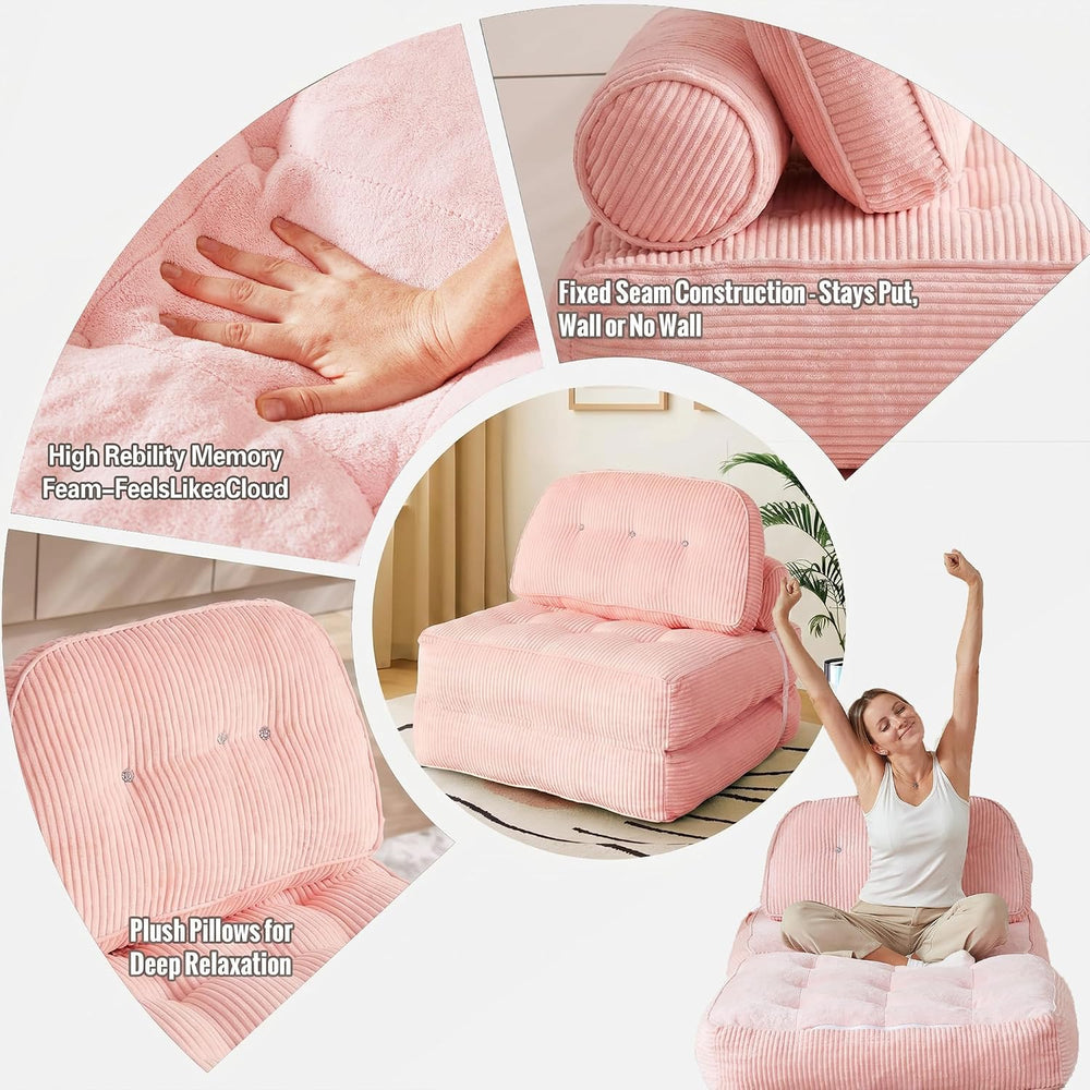 Folding Sofa Bed, Flannel Futon Couch Bed with Pillow and Blanket, Convertibl...