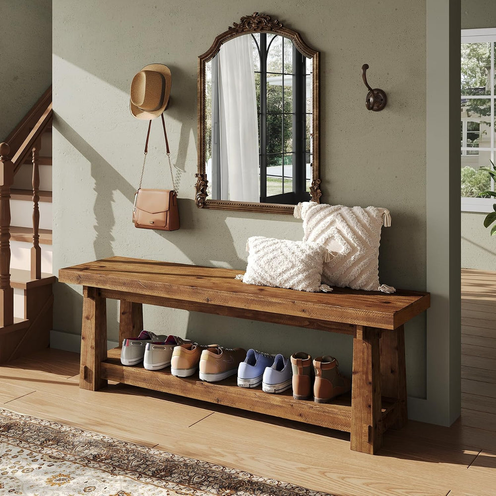 55" Solid Wood Entryway Bench with Shoe Storage, Rustic Wood Grain Shoe ...