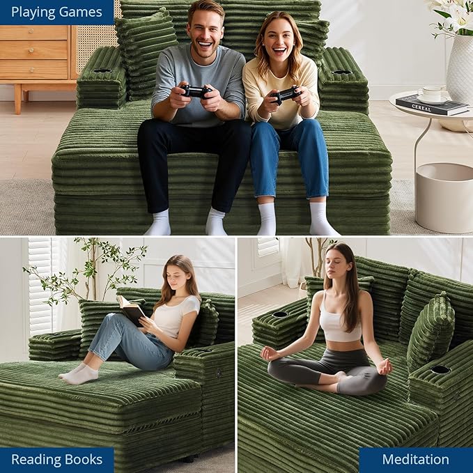 GarveeHome Oversized Chaise Lounge Chair Indoor, 56x60 Inch Comfortable Corduroy Lounge Sofa with Charging Ports & Cup Holders, Cozy Reading Couch for Bedroom Living Room Apartment, Green