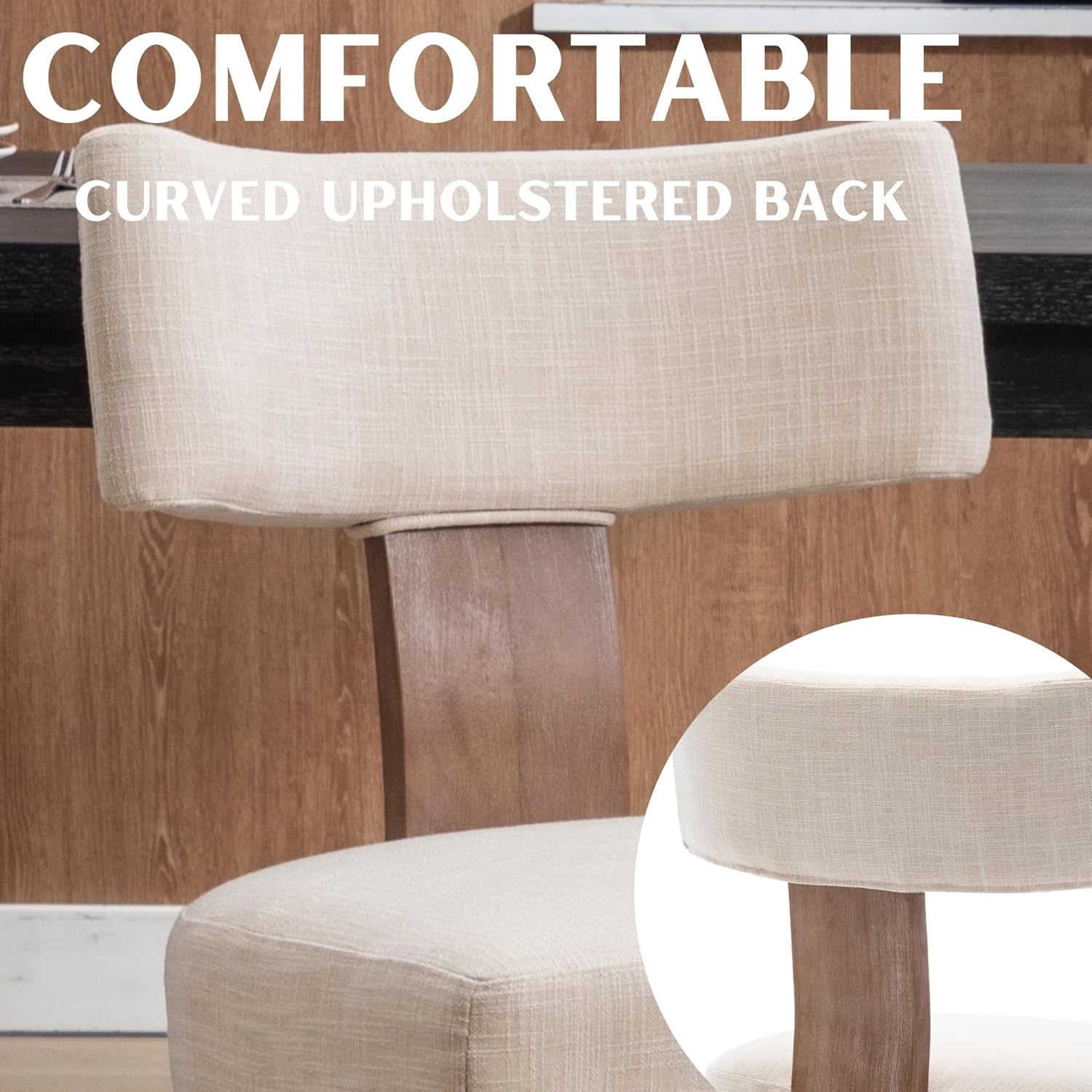 RIVOVA Mid Century Modern Dining Chairs Set of 6 Upholstered Linen Fabric Dining Chairs Curved Backrest Farmhouse Dining Room Chairs Kitchen Chairs with Wood Legs, Beige