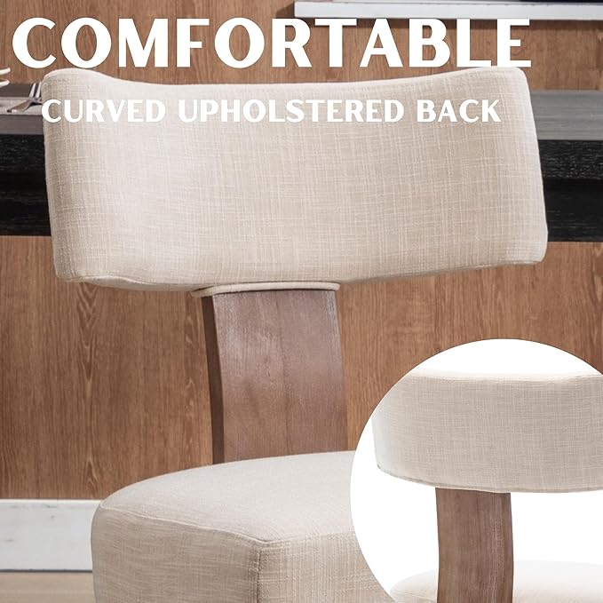 Mid Century Modern Dining Chairs Set of 4 Upholstered Linen Fabric Dining Chairs Curved Backrest Farmhouse Dining Room Chairs Kitchen Chairs with Wood Legs, Beige