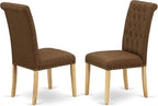 East West Furniture ESBR3-OAK-18 3 Piece Kitchen Table & Chairs Set Contains a Round Dining Room Table with Pedestal and 2 Brown Linen Linen Fabric Parsons Chairs, 30x30 Inch, Oak